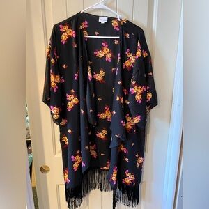 LuLaRoe Black Floral Kimono with Fringe